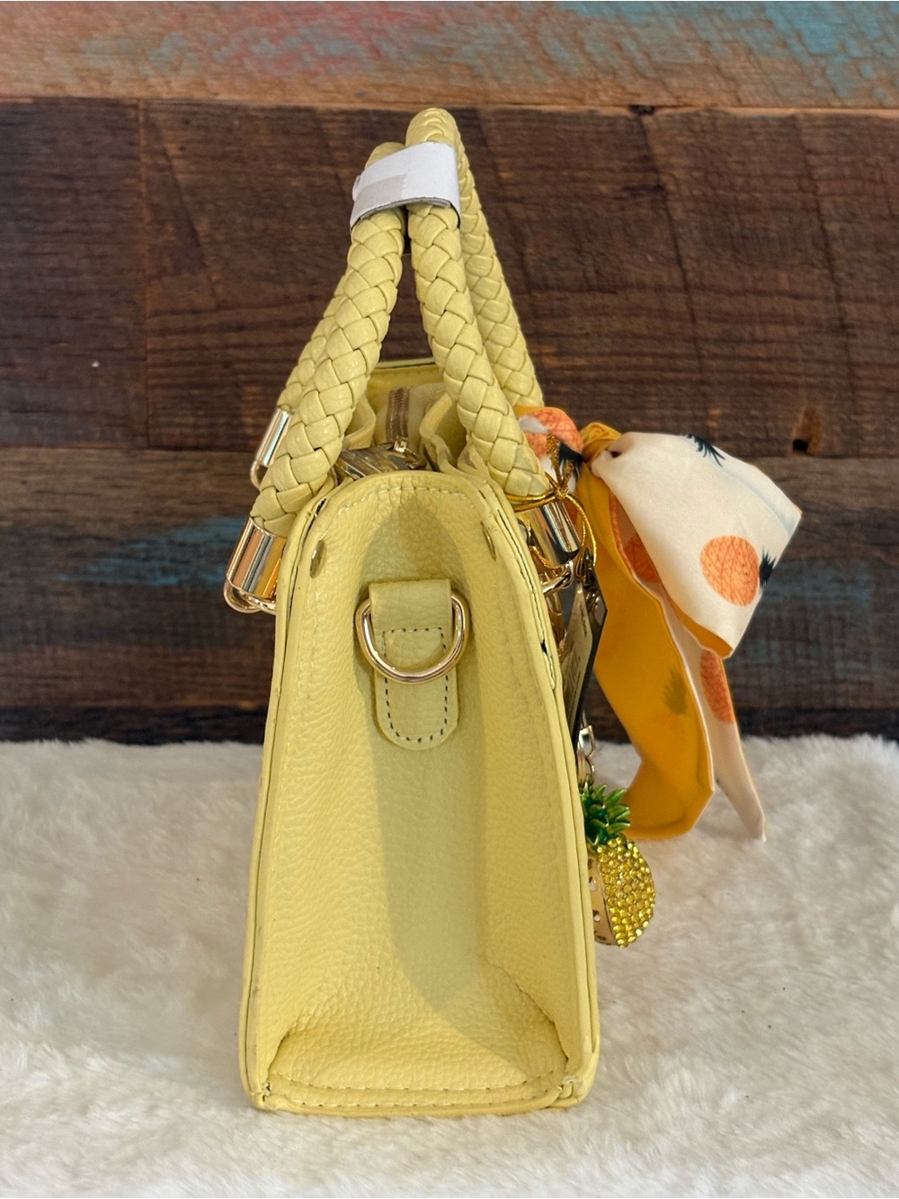 bebe Lemon Yellow Embossed Top-Handle Satchel with Pineapple Charm - Picture 2 of 7
